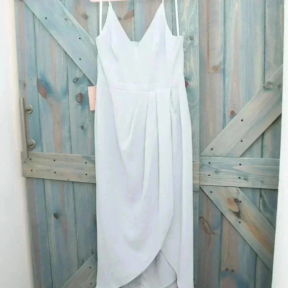 BHLDN Lyra V-Neck Faux-Wrap Crepe Midi Dress Blue Size 16 Anthropologie NWT - Picture 2 of 11